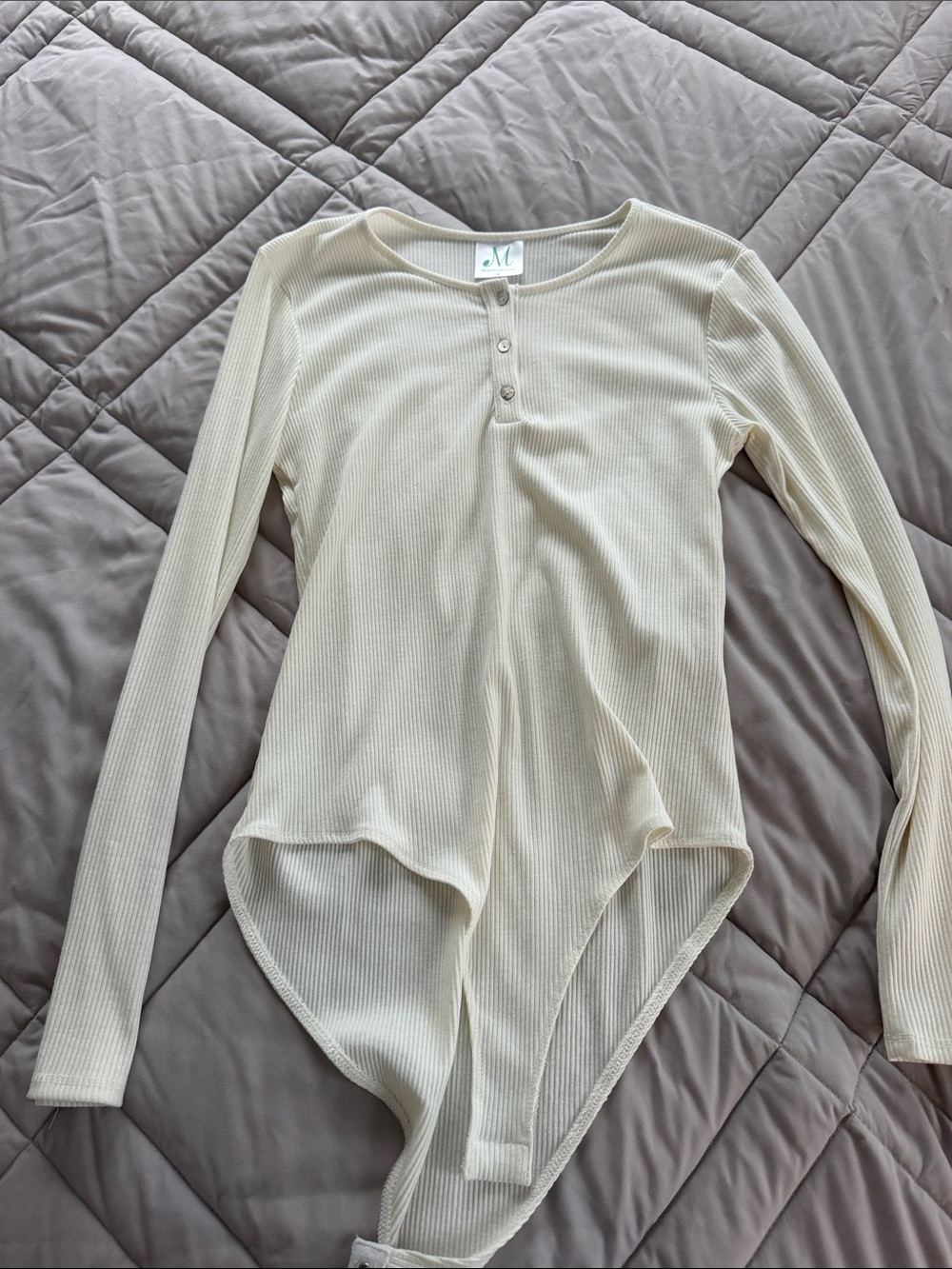 Ribbed Henley Long-Sleeve Bodysuit in Cream